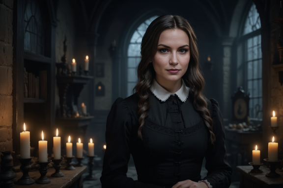 Ein junges Mädchen mit Zöpfen in schwarzer Kleidung, umgeben von Kerzenlicht.