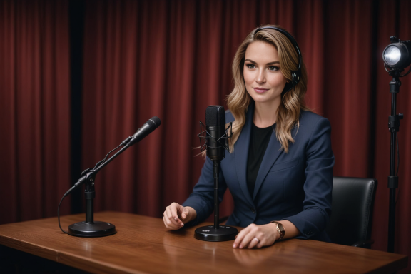Frau in Anzug sitzt an einem Tisch mit Mikrofon und Blickkamera, vor rotem Vorhang.