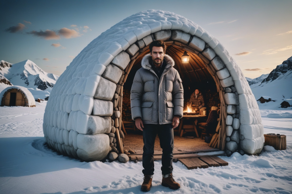 Mann in Winterjacke steht vor einem Iglu in einer schneebedeckten Landschaft.