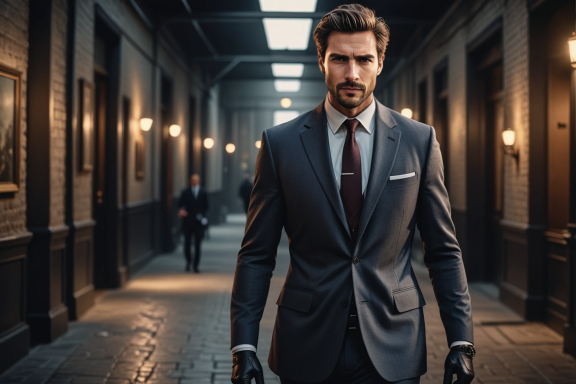 Mann in einem Anzug steht in einem eleganten Flur mit schwachem Licht.