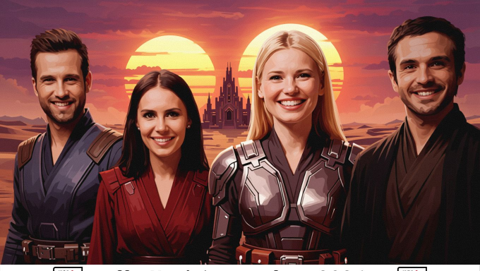 Vier Personen in futuristischer Kleidung, lächelnd vor einer Landschaft mit zwei Sonnen.