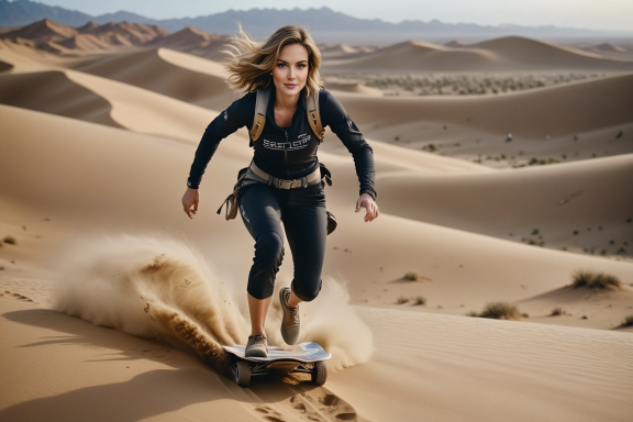 Eine Frau fährt auf einem Sandboard durch eine Wüstenlandschaft.