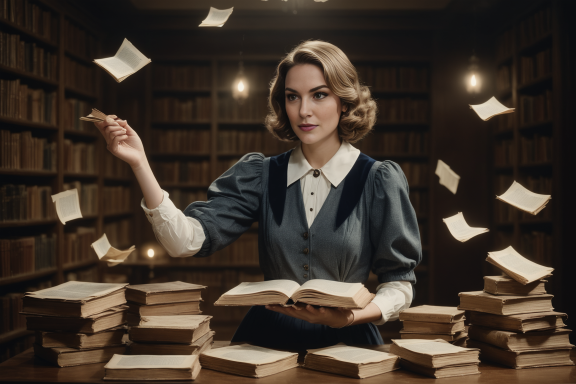 Frau mit Bücherstapel, blättert durch Seiten in einer Bibliothek im Vintage-Stil.