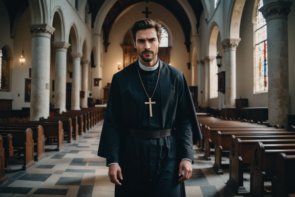 Ein Priester steht in einer Kirche zwischen Holzbankreihen.