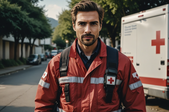 Mann in roter Uniform mit reflektierenden Streifen, im Hintergrund ein Rettungswagen.