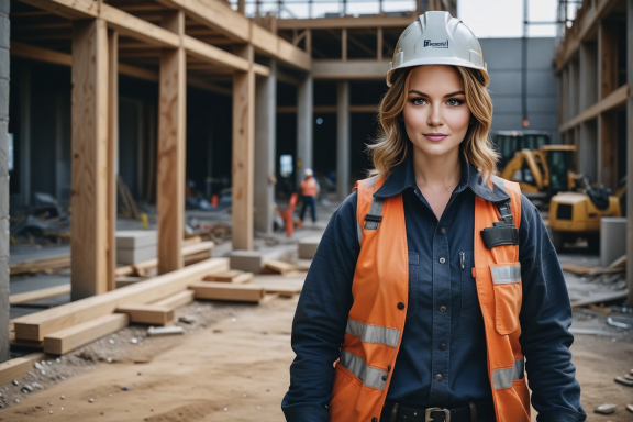 Frau in Sicherheitskleidung und Helm auf einer Baustelle mit Bauarbeiten im Hintergrund.