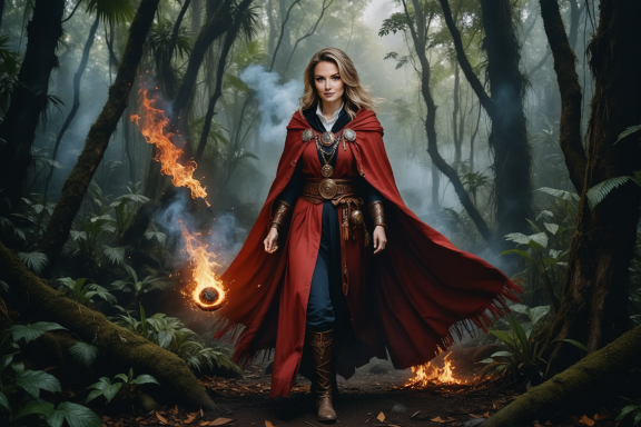Eine mystische Figur mit rotem Umhang, umgeben von Wald und magischen Leuchtkugeln.