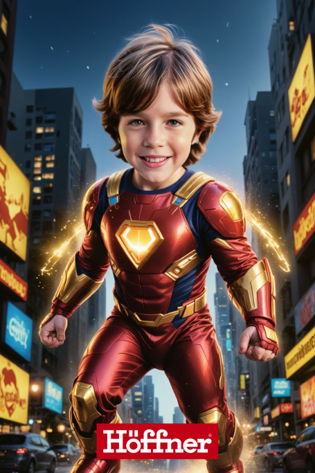 Ein Junge in einem rot-goldenen Superheldenanzug steht mutig vor einer Stadtkulisse.