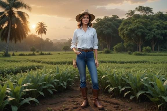 Frau in Bluse und Jeans steht in einem Feld bei Sonnenuntergang, umgeben von Pflanzen.