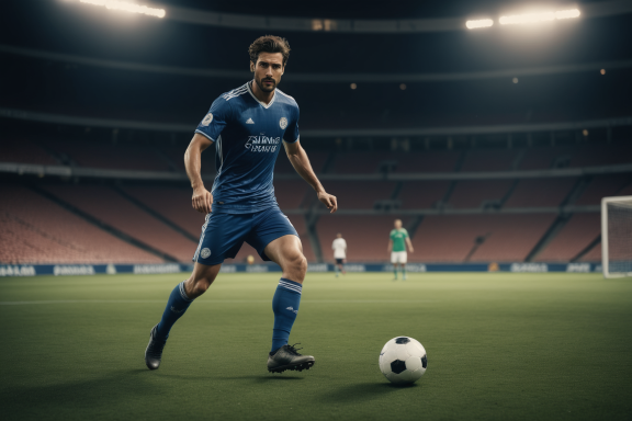 Fußballspieler in blauer Uniform tritt einen Ball auf einem Stadionfeld.