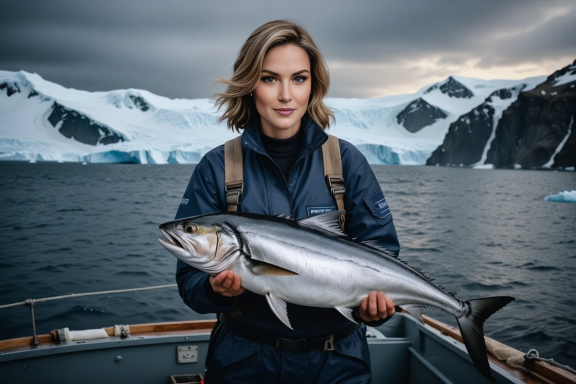 Frauen mit einem Fisch auf einem Boot in einer arktischen Landschaft mit Eisbergen.
