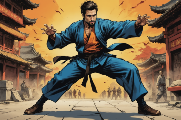 Ein martialischer Kämpfer in blauer Kleidung steht kampfbereit in einer asiatischen Stadt.