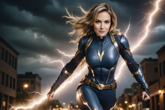 Eine superheldenhafte Frau in einem blauen Anzug, umgeben von Blitzen und dunklen Wolken.