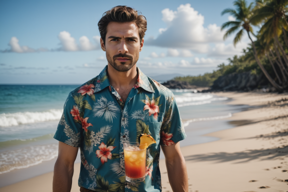 Mann mit blühendem Hemd steht am Strand, hält ein Getränk in der Hand.