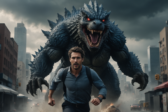 Ein Mann rennt panisch vor einem riesigen Monster in einer urbanen Umgebung davon.