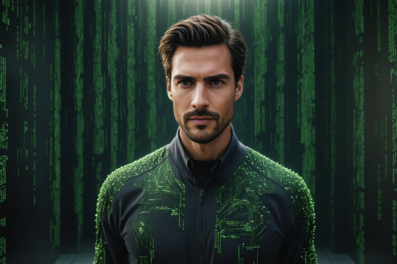 Mann in futuristischer Kleidung vor einer Matrix-artigen grünen Kulisse.