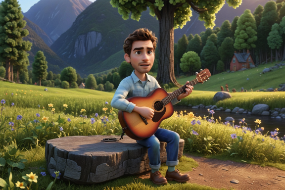 Ein junger Mann mit Gitarre sitzt auf einem Stein in einer blühenden Landschaft.