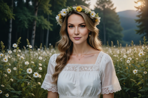 Frau mit Blumenkranz in einem blühenden Feld vor einem sonnigen Hintergrund.