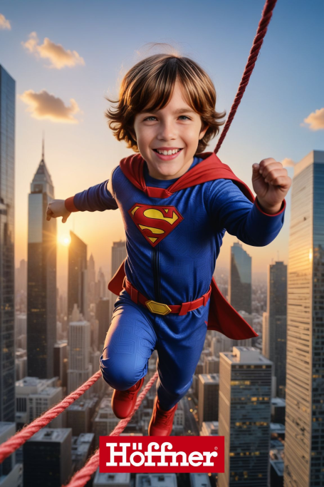 Ein Junge im Superman-Kostüm schwingt mit Freude über eine Stadtlandschaft.