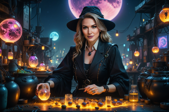 Eine Frau in einem schwarzen Hut steht in einem magischen Laden mit glühenden Flaschen.