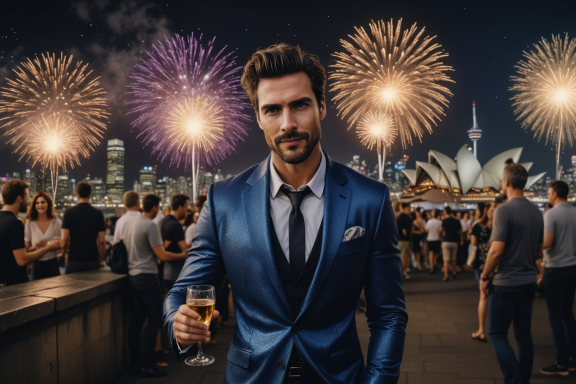 Mann in Anzug mit Drink vor Feuerwerk und Sydney Opera House, feierliche Stimmung.