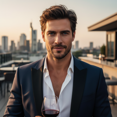 Mann in Anzug mit Rotwein vor einer Stadtkulisse bei Sonnenuntergang.