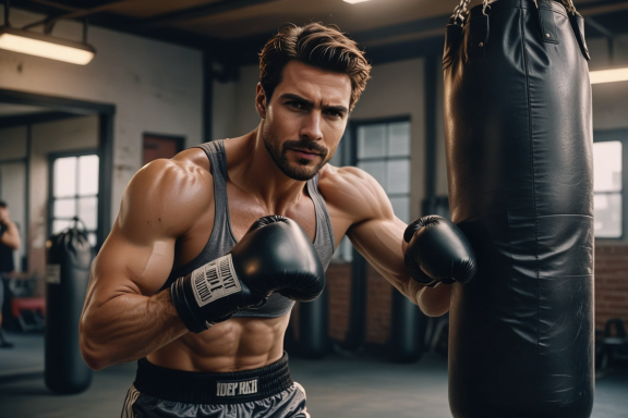 Mann mit muskulösem Körper, der im Boxstudio kämpft.