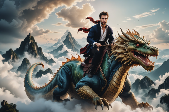 Ein Mann reitet auf einem Drachen über Wolken und Berge.