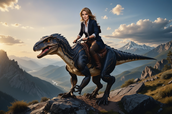 Eine Frau reitet auf einem Dinosaurier in einer bergigen Landschaft.