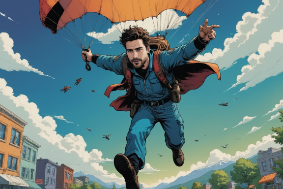 Mann mit Fallschirm, der über eine Stadtlandschaft fliegt, lebendige Farben und Action.