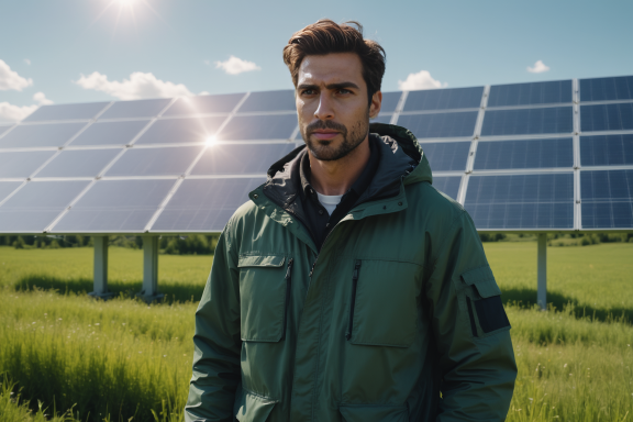 Junger Mann in grünerJacke steht vor Solarpanels in einem Feld.