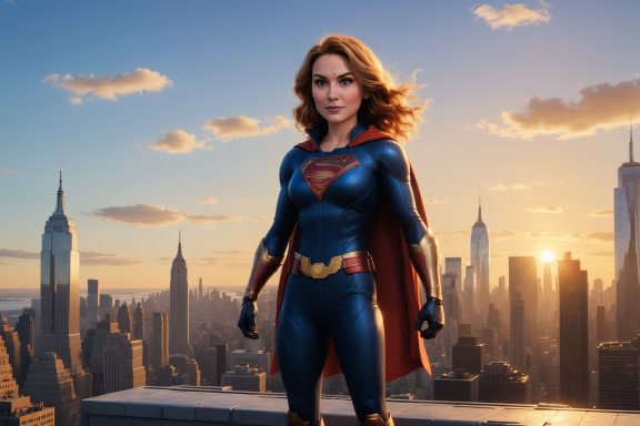 Junge Frau in Superheldenkostüm steht auf einem Hochhaus mit Stadtansicht im Hintergrund.