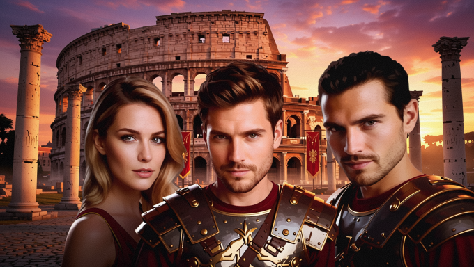 Drei Personen in römischer Rüstung vor dem Kolosseum bei Sonnenuntergang.