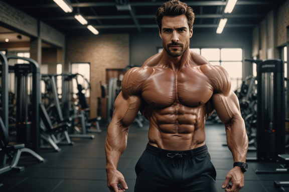 Muskelbepackter Mann im Fitnessstudio, vor Geräten stehend.