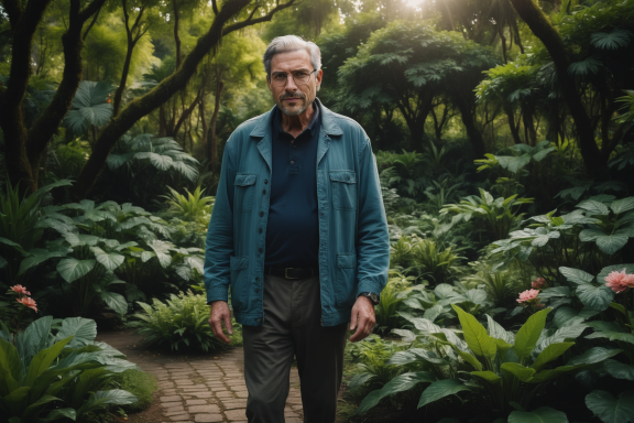 Mann in blauer Jacke geht durch einen dichten, grünen Wald mit Pflanzen.