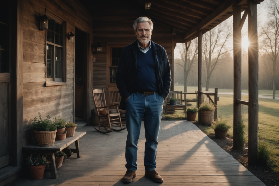 Älterer Mann steht auf einer Veranda vor einem Holzhaus, Sonnenlicht im Hintergrund.