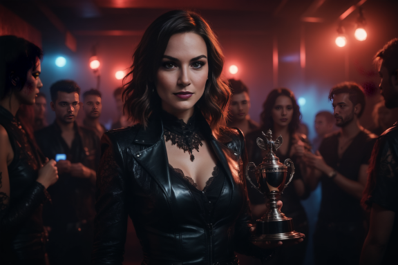 Frau in schwarzem Outfit hält einen Pokal, umgeben von einer Menschenmenge in neonbeleuchtetem Raum.