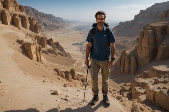 Mann steht in einer Wüstenlandschaft mit Bergen im Hintergrund.