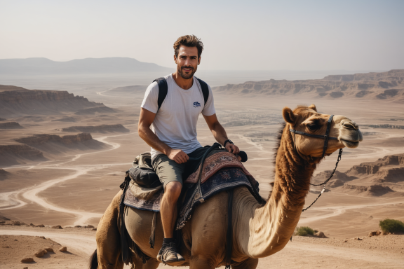 Mann reitet auf einem Kamel in einer Wüstenlandschaft mit Bergen im Hintergrund.