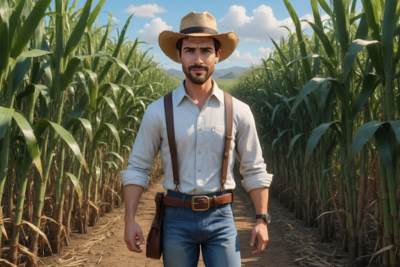 Mann mit Hut und Hosenträgern im Maisfeld, schaut uns direkt an.