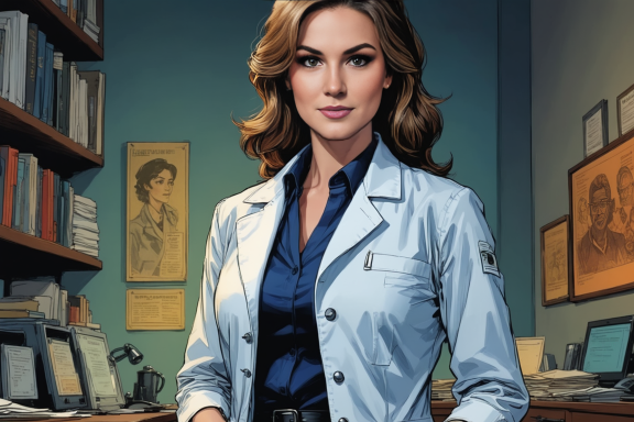 Eine Frau in einem weißen Laborkittel steht in einem Büro mit Bücherregalen.