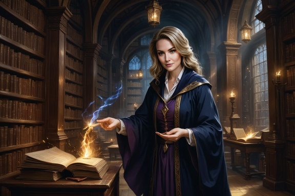 Frau mit Zauberstab in einer Bibliothek, umgeben von alten Büchern und magischer Aura.