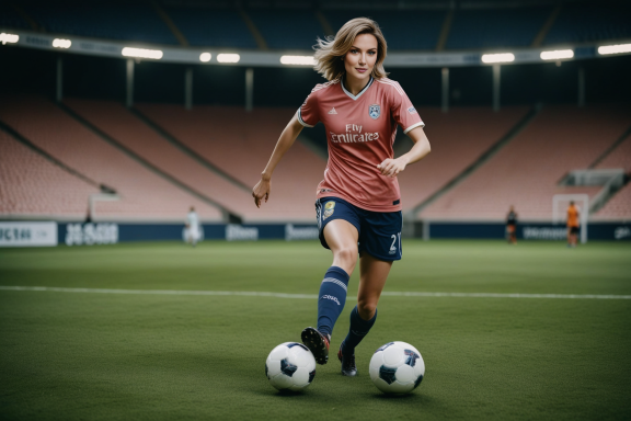 Fußballspielerinnen in action auf einem Feld, Ball im Spiel, Stadion im Hintergrund.