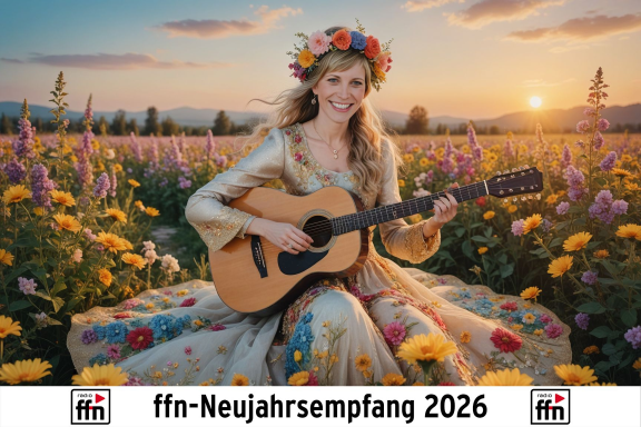 Frau mit Gitarre sitzt in einem Blumenfeld bei Sonnenuntergang.