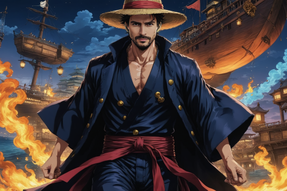 Männlicher Charakter in traditioneller Kleidung mit Hut, umgeben von Feuer und Schiffen.