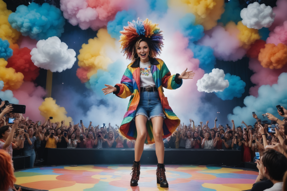 Frau mit buntem Afro und Regenbogenmantel steht vor jubelndem Publikum und bunten Wolken.