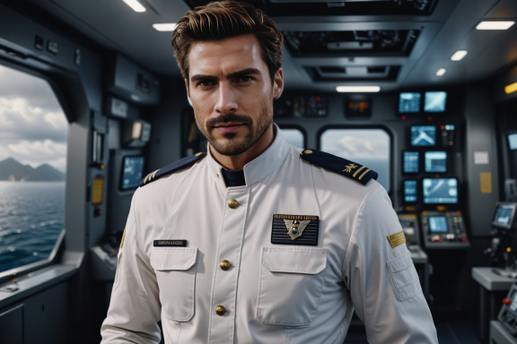 Ein uniformierter Kapitän steht in einem modernen Schiffsteuerraum.