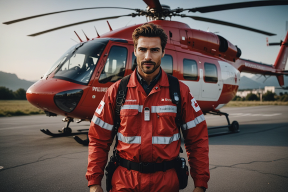 Rettungssanitäter in roter Uniform vor einem Rettungshubschrauber.