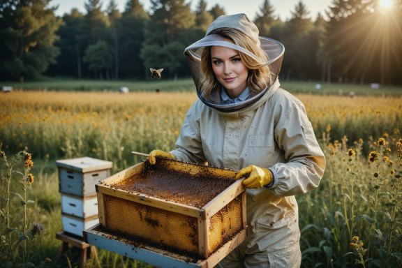 Frau im Bienenanzug hält einen Bienenstock in einer blühenden Landschaft.