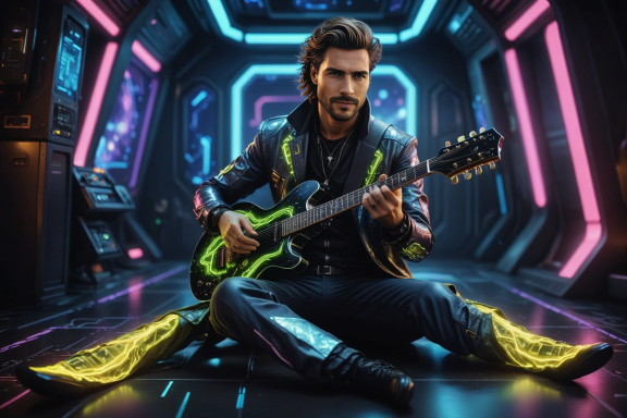 Mann mit E-Gitarre in futuristischer Umgebung mit bunten Lichtern.